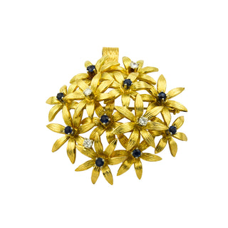 Anhänger/Brosche Blumen aus 750 Gelb- und Weißgold mit Saphir und Brillant, nachhaltiger second hand Schmuck perfekt aufgearbeitet