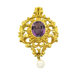 Anhänger/Brosche aus 585 Gelbgold mit Amethyst und Perle, nachhaltiger second hand Schmuck perfekt aufgearbeitet