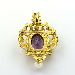 Anhänger/Brosche aus 585 Gelbgold mit Amethyst und Perle, nachhaltiger second hand Schmuck perfekt aufgearbeitet