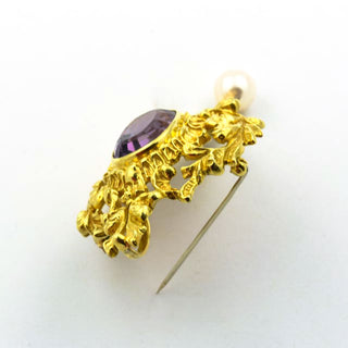 Anhänger/Brosche aus 585 Gelbgold mit Amethyst und Perle, nachhaltiger second hand Schmuck perfekt aufgearbeitet