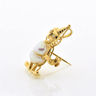 Anhänger/Brosche Harlekin aus 585 Gelbgold mit Perle und Diamant, nachhaltiger second hand Schmuck perfekt aufgearbeitet