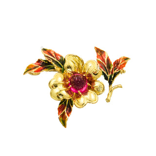 Anhänger/Brosche aus 750 Gelbgold mit Rubellit, nachhaltiger second hand Schmuck perfekt aufgearbeitet