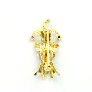 Anhänger/Brosche Clown aus 585 Gelbgold mit Rubin, Saphir und Smaragd, nachhaltiger second hand Schmuck perfekt aufgearbeitet