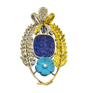 Anhänger aus 750 Gelb- und Weißgold mit Lapislazuli, Türkis und Saphir, nachhaltiger second hand Schmuck perfekt aufgearbeitet