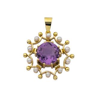Anhänger aus 585 Gelbgold mit Amethyst und Perle, hochwertiger second hand Schmuck perfekt aufgearbeitet
