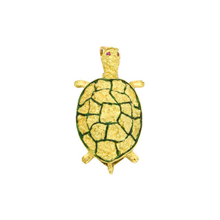 Anhänger Schildkröte aus 750 Gelbgold mit Rubin, nachhaltiger second hand Schmuck perfekt aufgearbeitet