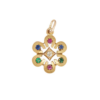 Rubinanhänger aus 585 Gelbgold mit Saphir und Smaragd, nachhaltiger second hand Schmuck perfekt aufgearbeitet