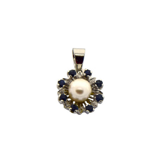 Perlenanhänger aus 585 Weißgold mit Saphir, nachhaltiger second hand Schmuck perfekt aufgearbeitet