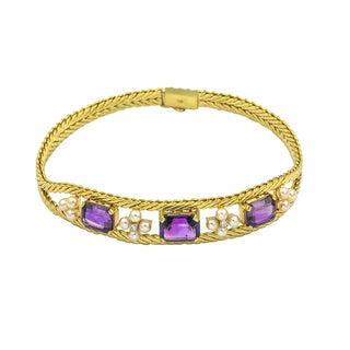 Armband aus 585 Gelbgold mit Amethyst, Perle und Diamant, nachhaltiger second hand Schmuck perfekt aufgearbeitet