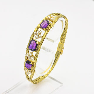 Armband aus 585 Gelbgold mit Amethyst, Perle und Diamant, nachhaltiger second hand Schmuck perfekt aufgearbeitet