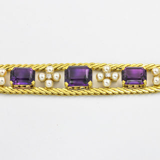 Armband aus 585 Gelbgold mit Amethyst, Perle und Diamant, nachhaltiger second hand Schmuck perfekt aufgearbeitet