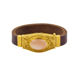 Armband aus Leder und 585 Gelbgold mit Mondstein, nachhaltiger second hand Schmuck perfekt aufgearbeitet