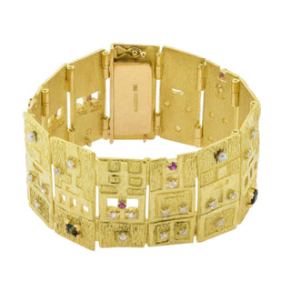 A. Frühauf Armband aus 750 Gelbgold mit Turmalin, Rubin und Diamant, nachhaltiger second hand Schmuck perfekt aufgearbeitet