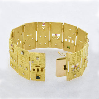 A. Frühauf Armband aus 750 Gelbgold mit Turmalin, Rubin und Diamant, nachhaltiger second hand Schmuck perfekt aufgearbeitet