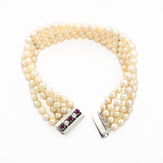 Perlenarmband aus 585 Weißgold mit Rubin und Brillant, nachhaltiger second hand Schmuck perfekt aufgearbeitet