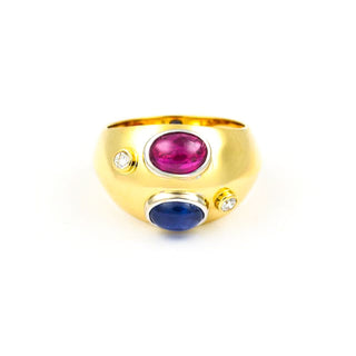 Bandring aus 750 Gelbgold mit Rubin, Saphir und Brillant, nachhaltiger second hand Schmuck perfekt aufgearbeitet