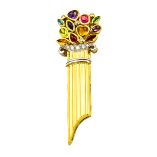 Brosche aus 750 Gelb- und Weißgold mit Amethyst, Aquamarin und Citrin, nachhaltiger second hand Schmuck perfekt aufgearbeitet