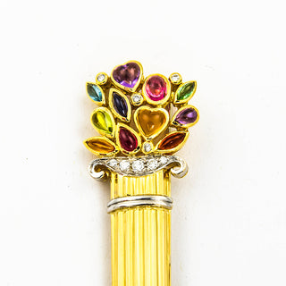 Brosche aus 750 Gelb- und Weißgold mit Amethyst, Aquamarin und Citrin, nachhaltiger second hand Schmuck perfekt aufgearbeitet