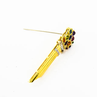 Brosche aus 750 Gelb- und Weißgold mit Amethyst, Aquamarin und Citrin, nachhaltiger second hand Schmuck perfekt aufgearbeitet