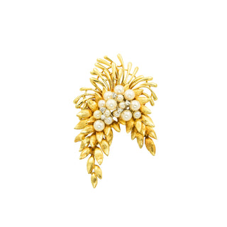 Brosche aus 750 Gelb- und Weißgold mit Perle und Brillant, nachhaltiger second hand Schmuck perfekt aufgearbeitet