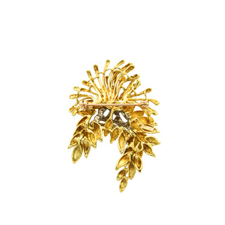 Brosche aus 750 Gelb- und Weißgold mit Perle und Brillant, nachhaltiger second hand Schmuck perfekt aufgearbeitet