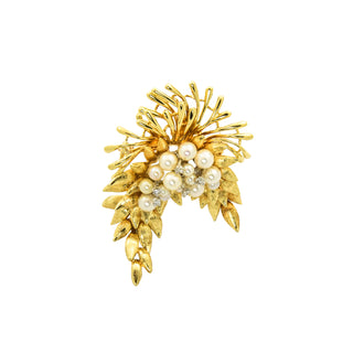 Brosche aus 750 Gelb- und Weißgold mit Perle und Brillant, nachhaltiger second hand Schmuck perfekt aufgearbeitet