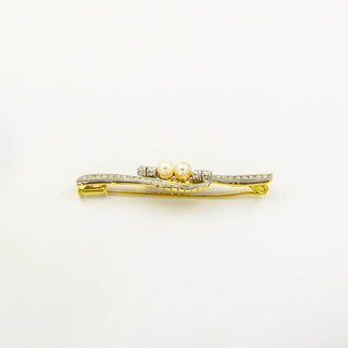 Brosche aus 585 Gelb- und Weißgold/Platin mit Perle, Diamant und Brillant, nachhaltiger second hand Schmuck perfekt aufgearbeitet