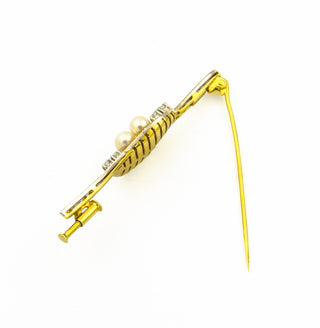 Brosche aus 585 Gelb- und Weißgold/Platin mit Perle, Diamant und Brillant, nachhaltiger second hand Schmuck perfekt aufgearbeitet