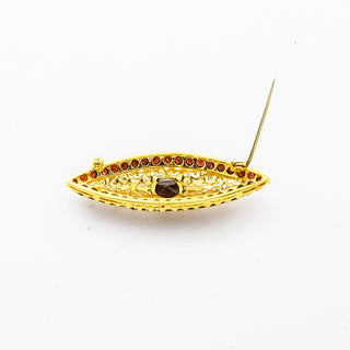 Brosche aus 750 Gelbgold mit Granat, nachhaltiger second hand Schmuck perfekt aufgearbeitet