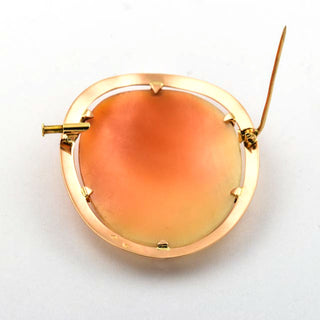 Brosche aus 585 Gelbgold mit Muschelkamee, nachhaltiger second hand Schmuck perfekt aufgearbeitet
