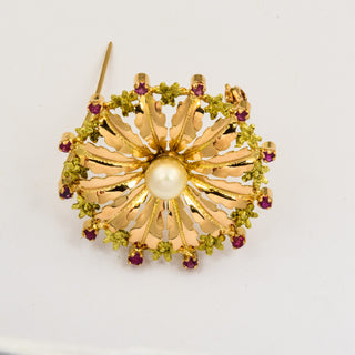Brosche aus 750 Gelbgold mit Perle und Rubin, nachhaltiger second hand Schmuck perfekt aufgearbeitet