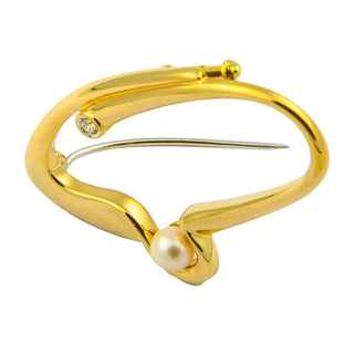 Brosche aus 585 Gelbgold mit Perle und Brillant, nachhaltiger second hand Schmuck perfekt aufgearbeitet