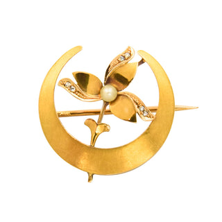 Brosche aus 750 Gelbgold mit Perle und Diamant, nachhaltiger second hand Schmuck perfekt aufgearbeitet
