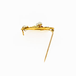Brosche aus 585 Gelbgold mit Rubin und Perle, nachhaltiger second hand Schmuck perfekt aufgearbeitet