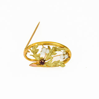 Brosche aus 585 Gelbgold mit Rubin und Perle, nachhaltiger second hand Schmuck perfekt aufgearbeitet