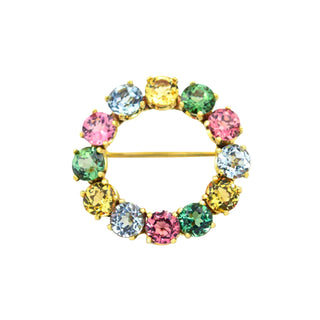 Brosche aus 585 Gelbgold mit Turmalin, Citrin und Aquamarin, nachhaltiger second hand Schmuck perfekt aufgearbeitet