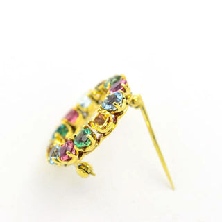 Brosche aus 585 Gelbgold mit Turmalin, Citrin und Aquamarin, nachhaltiger second hand Schmuck perfekt aufgearbeitet