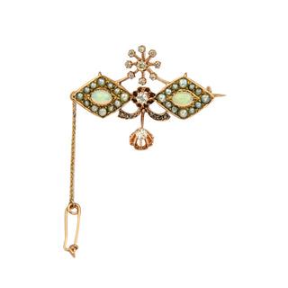 Brosche aus 585 Roségold mit Opal, Perle und Brillant, nachhaltiger second hand Schmuck perfekt aufgearbeitet