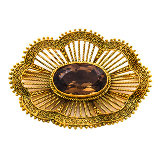 Theodor Fahrner Brosche aus 925 Silber vergoldet mit Rauchquarz und Markasit, nachhaltiger second hand Schmuck perfekt aufgearbeitet