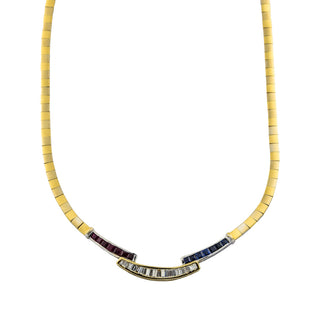 Saphircollier aus 750 Gelb- und Weißgold mit Rubin und Diamant, nachhaltiger second hand Schmuck perfekt aufgearbeitet