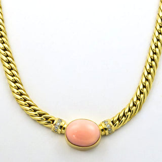 Korallencollier aus 585 Gelbgold mit Diamant, nachhaltiger second hand Schmuck perfekt aufgearbeitet