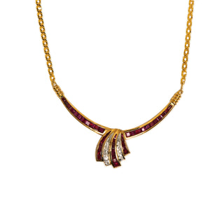 Rubincollier aus 750 Gelbgold mit Diamant, nachhaltiger second hand Schmuck perfekt aufgearbeitet
