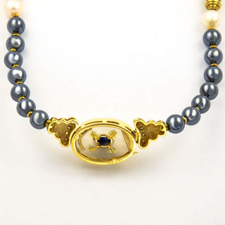 Collier aus 750 Gelbgold mit Saphir, Bergkristall und Brillant, nachhaltiger second hand Schmuck perfekt aufgearbeitet