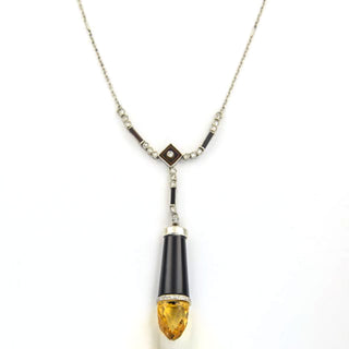 Collier aus 950 Platin mit Onyx, Citrin und Diamant, nachhaltiger second hand Schmuck perfekt aufgearbeitet