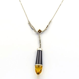 Collier aus 950 Platin mit Onyx, Citrin und Diamant, nachhaltiger second hand Schmuck perfekt aufgearbeitet