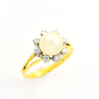 Perlenring aus 585 Gelb- und Weißgold mit Brillant, nachhaltiger second hand Schmuck perfekt aufgearbeitet