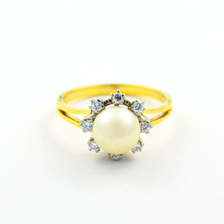 Perlenring aus 585 Gelb- und Weißgold mit Brillant, nachhaltiger second hand Schmuck perfekt aufgearbeitet