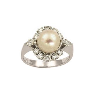 Ring aus 750 Weißgold mit Perle, Brillant und Diamant, nachhaltiger second hand Schmuck perfekt aufgearbeitet