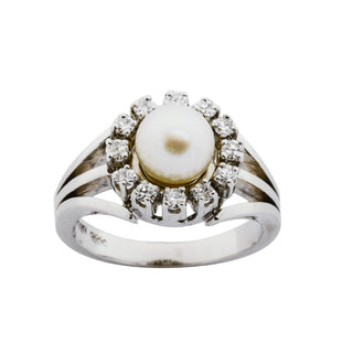 Perlenring aus 585 Weißgold mit Diamant, nachhaltiger second hand Schmuck perfekt aufgearbeitet