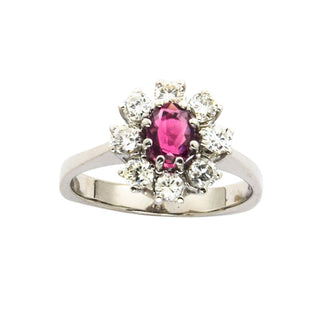 Entourage-Ring aus 585 Weißgold mit Rubin und Brillant, nachhaltiger second hand Schmuck perfekt aufgearbeitet